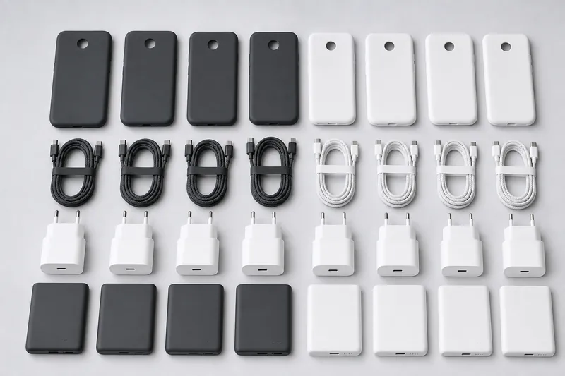 Cover in silicone, cavi USB-C, caricatori da muro e power bank disposti in file