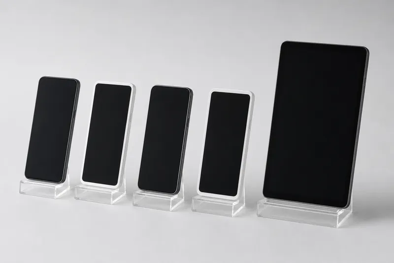 Quattro smartphone e un tablet su supporti trasparenti